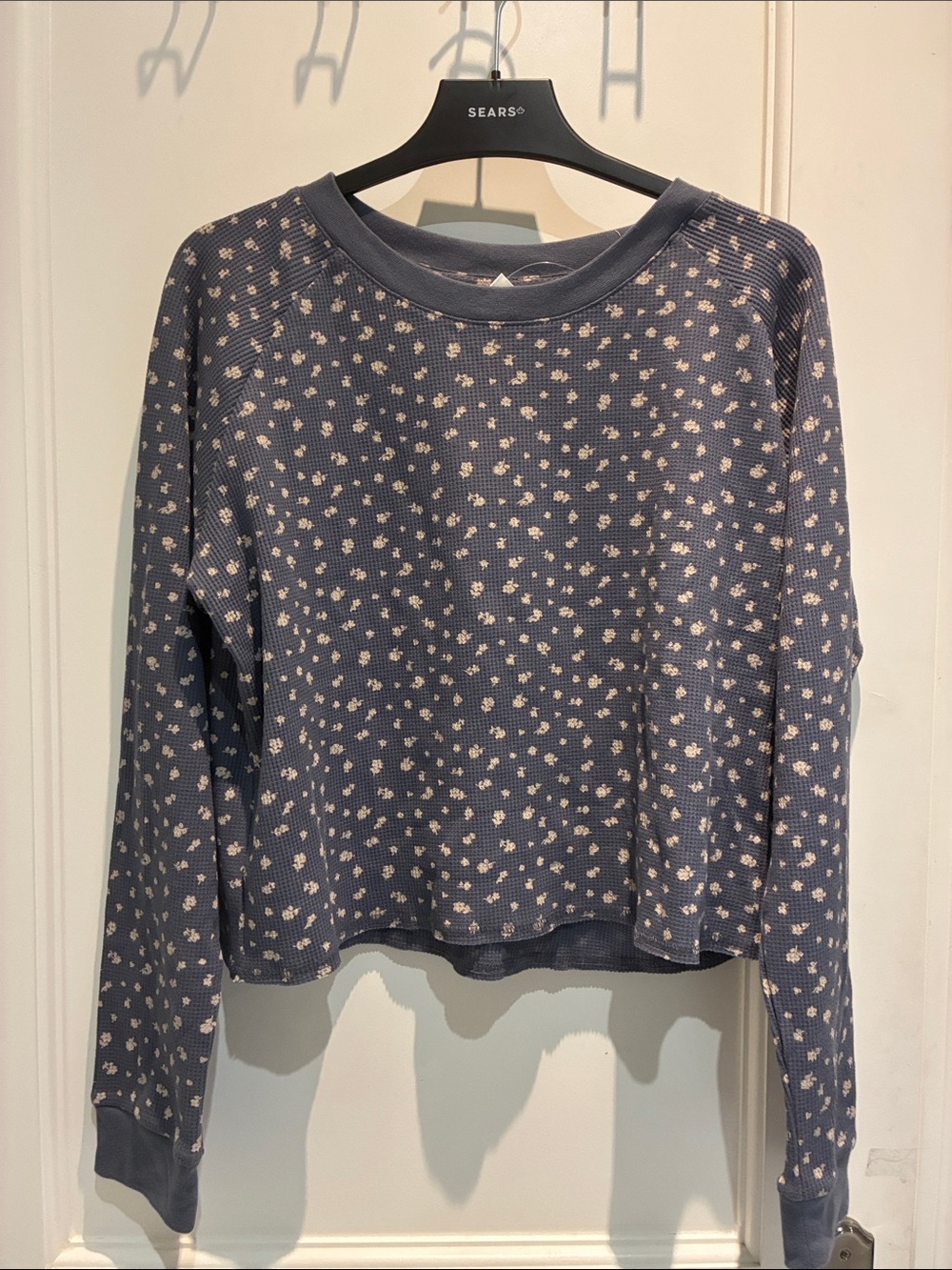 GAP Blue Long-Sleeve Thermal Top with Cream Floral Print